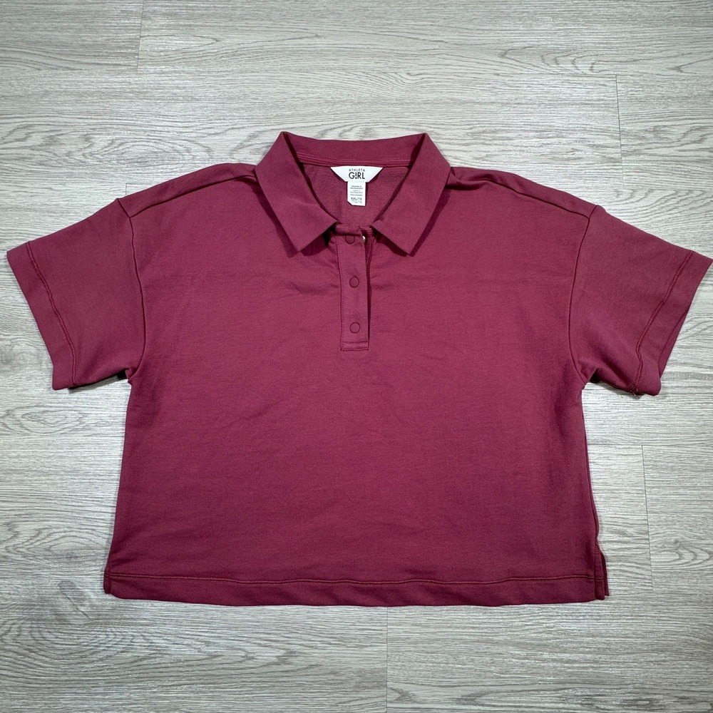 Athleta GirlS Polo Shirt Short Sleeve Snap Neck Berry Red XXL 16 Relaxed Fit